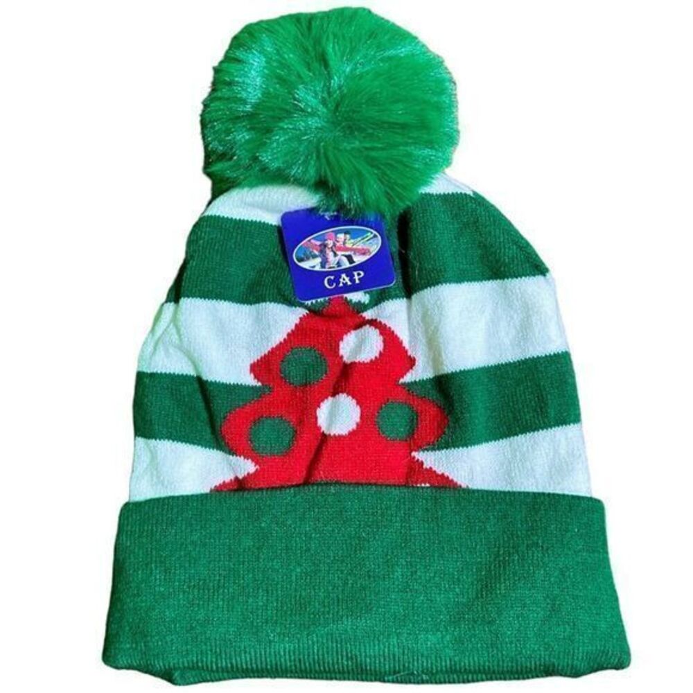 NWT Christmas Striped Christmas Tree Pom Pom Beanie‎ Green White